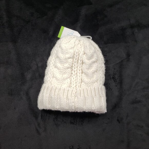 Adult Beanie Cable Knit Cuffed Lined No Pom Repreve Time & Tru Toboggan White OS - Picture 2 of 7